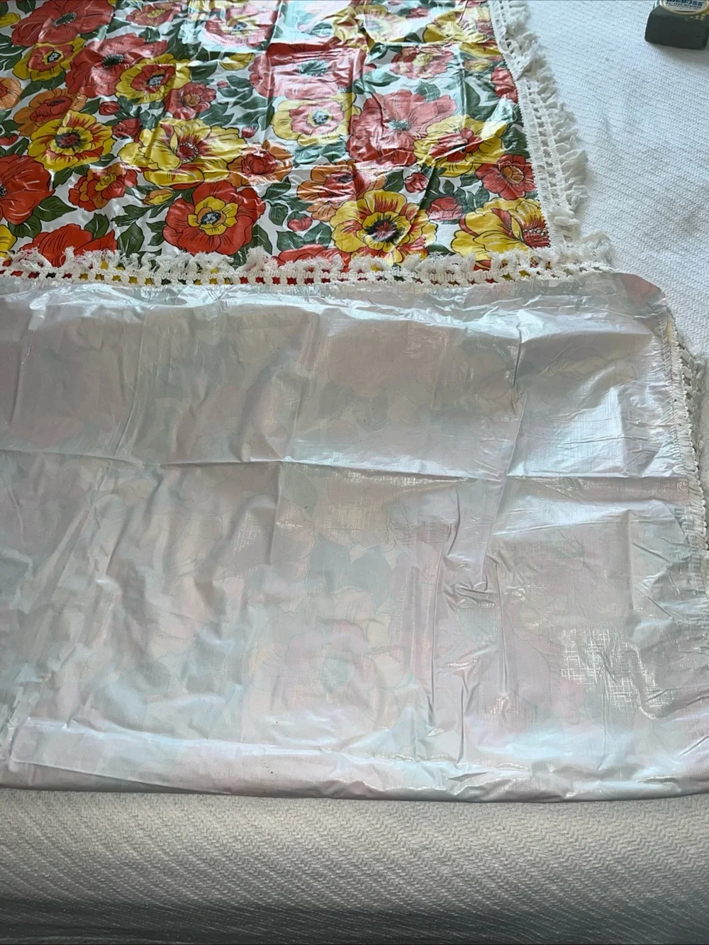 Vintage MCM Floral Orange & Yellow Tablecloth with Fringe 83x43